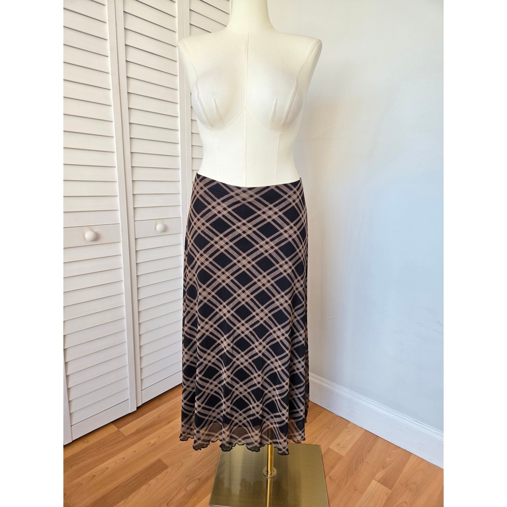 Social Collision Black Beige Plaid Mesh Midi Skirt Size XL Y2K Grunge Preppy